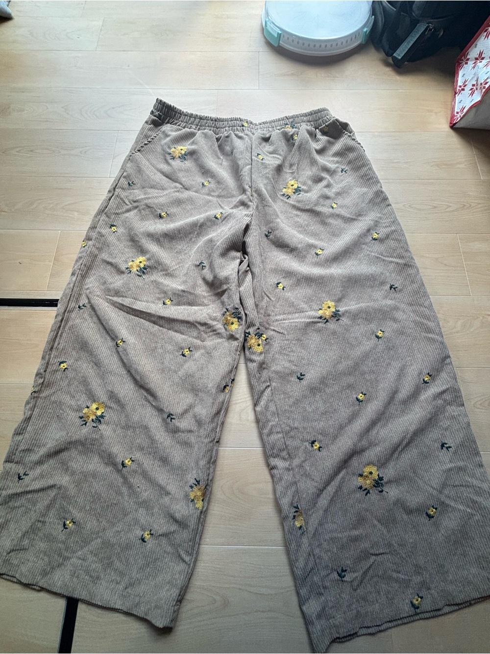 Embroidered Wide-Leg Corduroy Pants - Brown with Yellow Floral